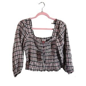 Tommy Jeans Plaid Smocked Peplum Top Womens Size L Square-Neck Multicolor NEW